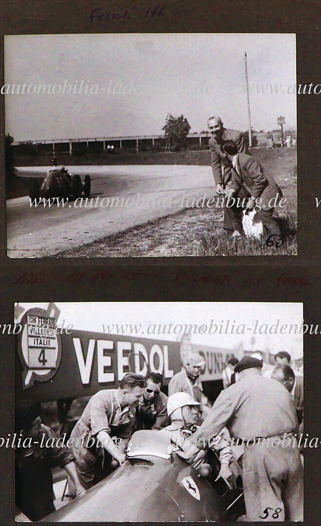 FERRARI 1952, 2 original b/w photographs on cardboard, Luigi Villoresi on Ferrari 500/F2, French: FERRARI 1952, 2 original b/w photographs on cardboard, Luigi Villoresi on Ferrari 500/F2, French Grand Prix, 9x12 cm German Description FERRARI 1952, 2 original s/w Aufnahmen auf Karton, Luigi Villore