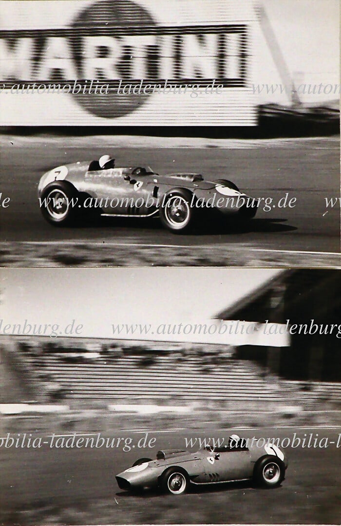 FERRARI 1959, 2 original b/w photos Jean Behra & Phil Hill on Ferrari Dino 247 (#1 & #2), Dutch (1 of 2)