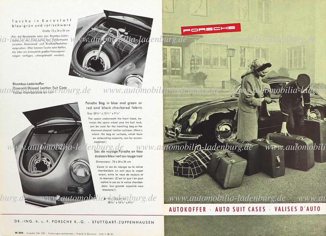 PORSCHE 1957, folding brochure Porsche Autokoffer, (W294 5M.7.58 GL.), 4 pages, trilingual, good: PORSCHE 1957, folding brochure Porsche Autokoffer, (W294 5M.7.58 GL.), 4 pages, trilingual, good condition German Description PORSCHE 1957, Faltprospekt Porsche Autokoffer, (W294 5M.7.58 GL.), 4 Seite