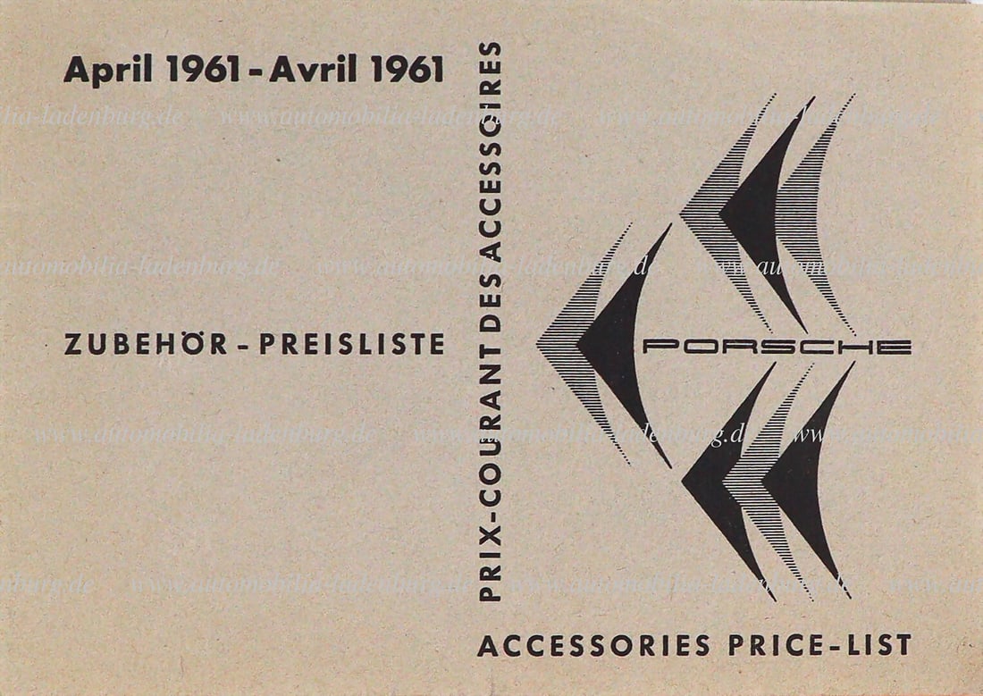 PORSCHE 1961, price list for accessories (W 191 3.61 Gl.), 36 pages, trilingual, very good condition: PORSCHE 1961, price list for accessories (W 191 3.61 Gl.), 36 pages, trilingual, very good condition German Description PORSCHE 1961, Zubehör-Preisliste (W 191 3.61 Gl.), 36 Seiten, dreisprachig,