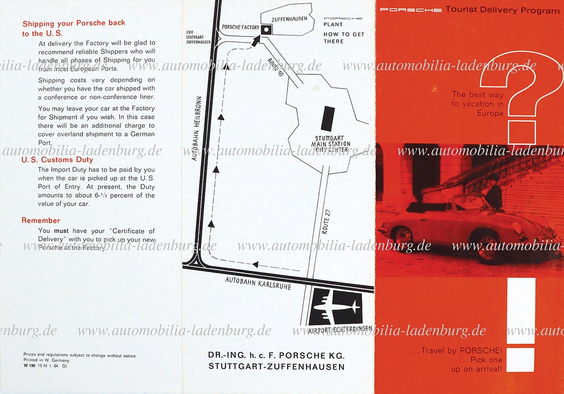 PORSCHE 1964, folding brochure Tourist Delivery Program price list (W 196 M 1.64 Gl.), 6 pages (1 of 1)