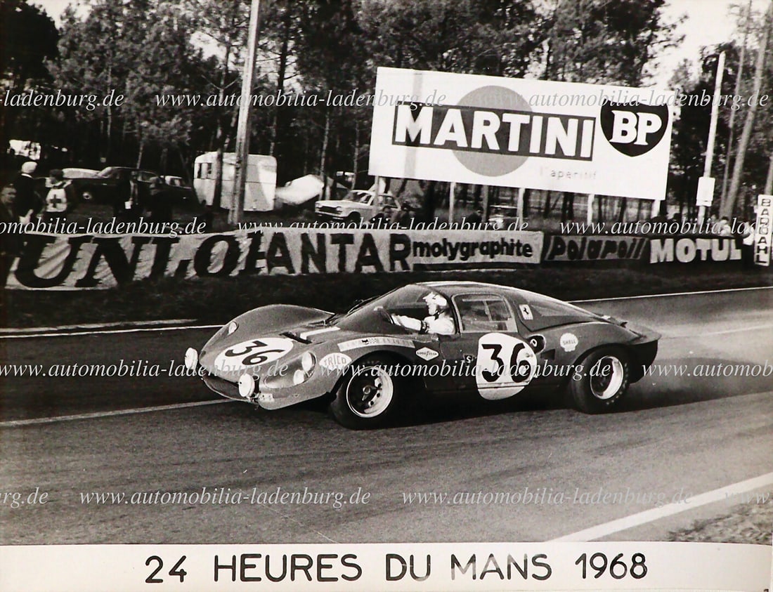 FERRARI Original b/w photo Chevalier / Lagier de Guiseppe on Ferrari Dino 206S Coupe (#014), Le Mans (1 of 2)