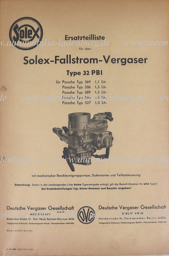 PORSCHE / SOLEX Mixed lot 3 pcs. including spare parts list Solex downdraft carburetor type 32 PBI (1 of 1)