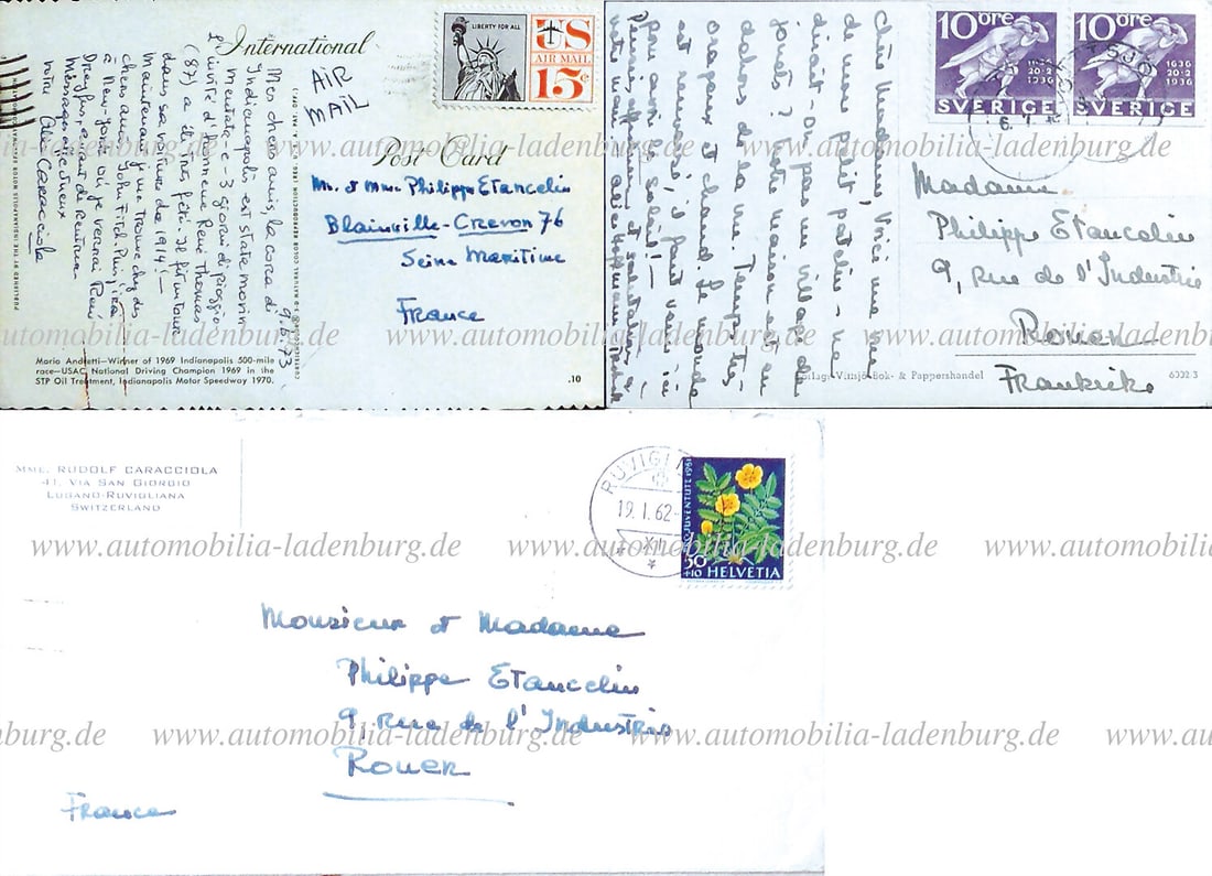 ALICE TROBECK-CARACCIOLA Mixed lot of 3 pieces, from the estate of Philippe Etancelin, including: ALICE TROBECK-CARACCIOLA Mixed lot of 3 pieces, from the estate of Philippe Etancelin, including handwritten letter and 2 postcards from Alice Caracciola to Philippe Etancelin, 2x signed Alice Hoffman