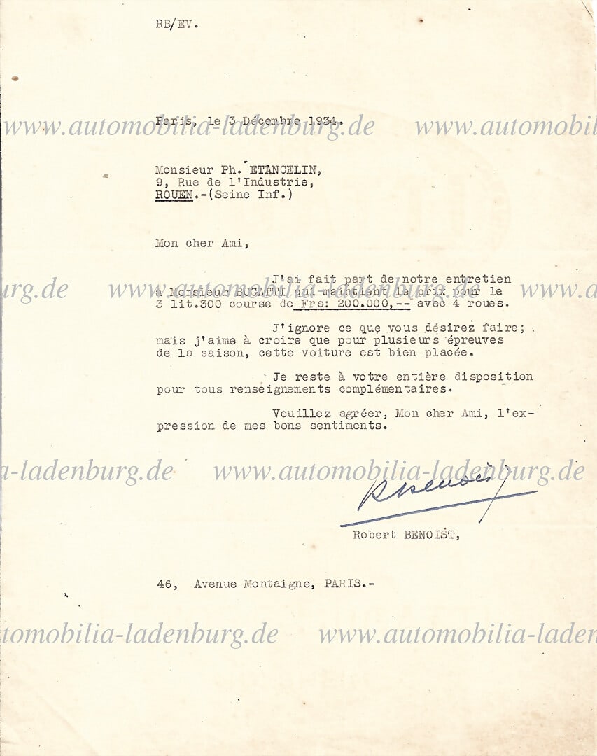 BUGATTI PARIS OFFICE 1934, from the estate of Philippe Etancelin, original letter from Robert (1 of 1)