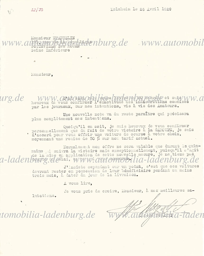 ETTORE BUGATTI MOLSHEIM 1929 1929, from the estate of Philippe Etancelin, letter signed by Ettore (1 of 1)