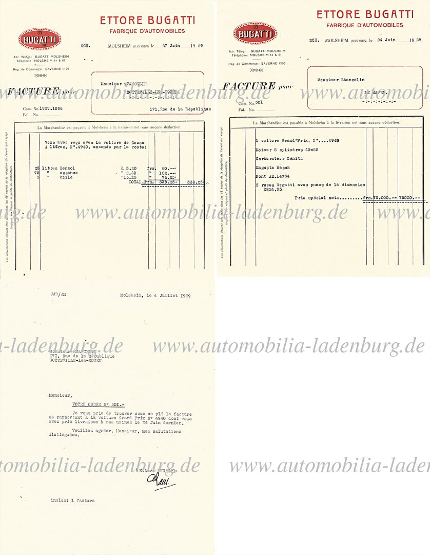 BUGATTI 35B INVOICE 1929 1929, bundle of 3 pieces, from the estate of Philippe Etancelin, including (1 of 1)