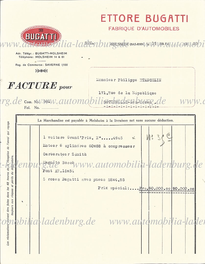 BUGATTI 35C INVOICE 1930 1930, bundle of 2 pieces, from the estate of Philippe Etancelin, original (1 of 2)