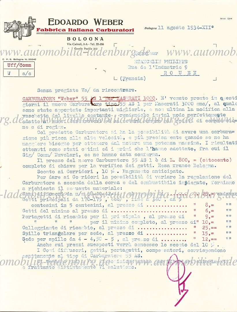 WEBER OFFICINE MASERATI 1934 1934, bundle of 2 pieces, from the estate of Philippe Etancelin, (1 of 2)