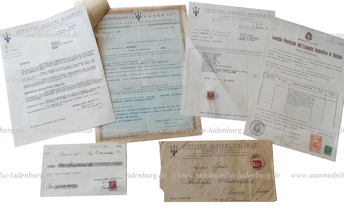 MASERATI 8CM MONOPOSTO 1934 1933, mixed lot of 5 pieces, from the estate of Philippe Etancelin,: MASERATI 8CM MONOPOSTO 1934 1933, mixed lot of 5 pieces, from the estate of Philippe Etancelin, "Officine Maserari", concerning Maserati 8CM (#3010) for the 1934 racing season. Purchase contract dated