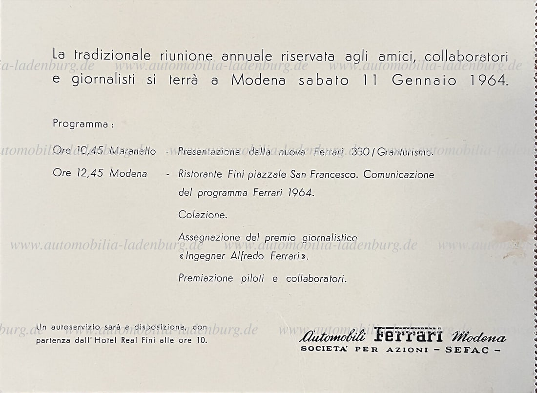 FERRARI January 11, 1964, invitation "Automobili Ferrari Modena" with daily program, including (1 of 2)