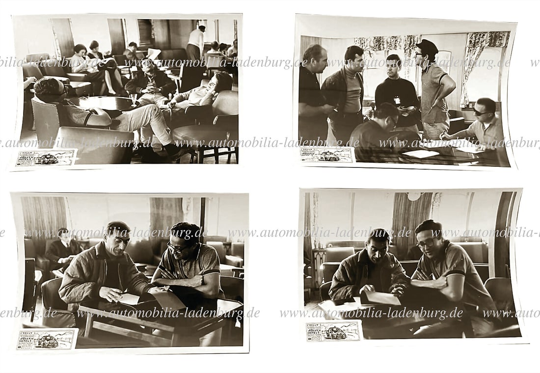 FERRARI Mixed lot of 4 original b/w photographs Mauro Forghieri in conversation, Rallye Jolly 1965, (1 of 2)