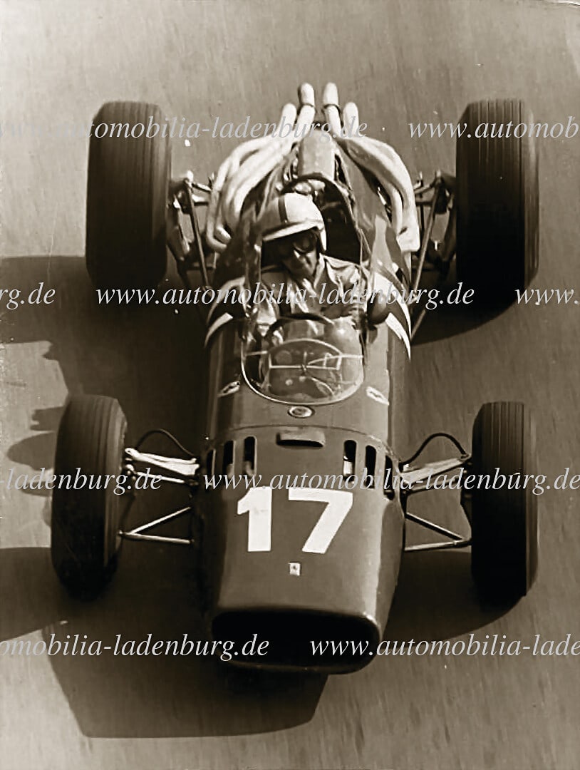 FERRARI Original b/w photograph John Surtees on Ferrari 312GP Monaco 1966, 9x14cm, stamped "Archivio (1 of 2)