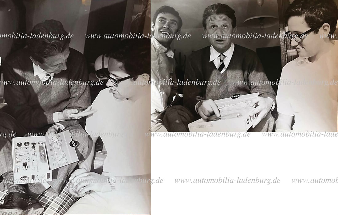 FERRARI Mixed lot of 2 original b/w photographs Eugenio Dragoni, looking at a model car of the (1 of 2)