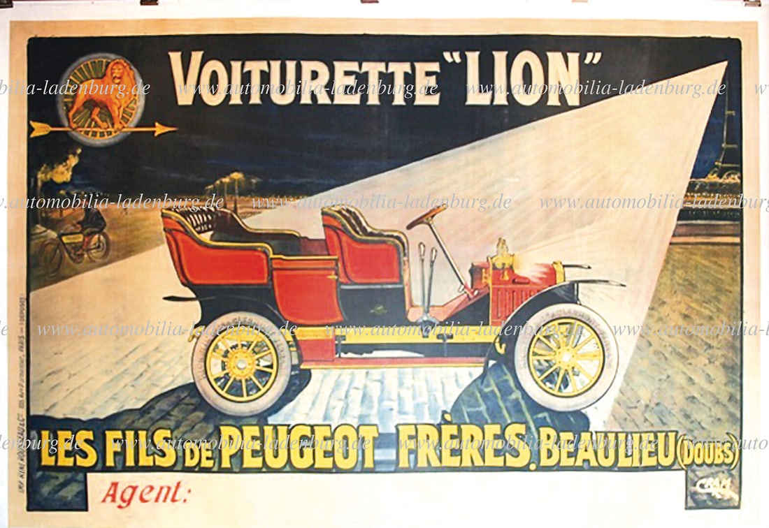 PEUGEOT 1906, original advertising poster "Voiturette Lion / Les Fils de Peugeot Freres Beaulieu (1 of 1)