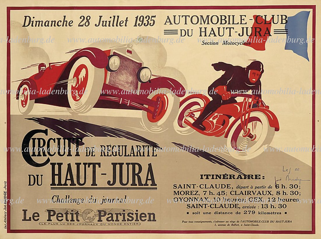 1935, original event poster "Circuit de Regularite du Haut-Jura" July 28th, 1935, design and print: 1935, original event poster "Circuit de Regularite du Haut-Jura" July 28th, 1935, design and print by Joe Bridge (aka Jean Barrez) Paris, 116x156cm mounted on linen, minor traces of usage like folds a