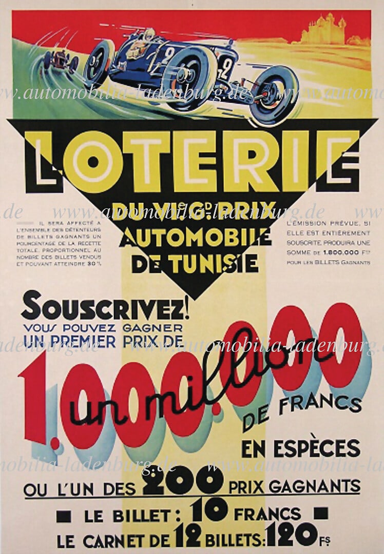1935, original event poster "Lotterie du Vi. Grand Prix de Tunise Automobile", 112x81cm, on linen, (1 of 1)