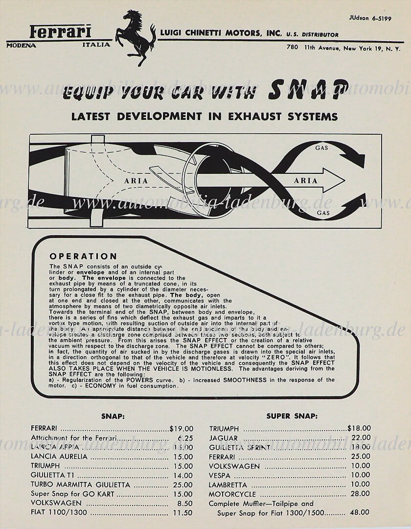FERRARI leaflet / price list "Luigi Chinetti Motors Inc.", SNAP exhaust systems for Ferrari, English (1 of 1)