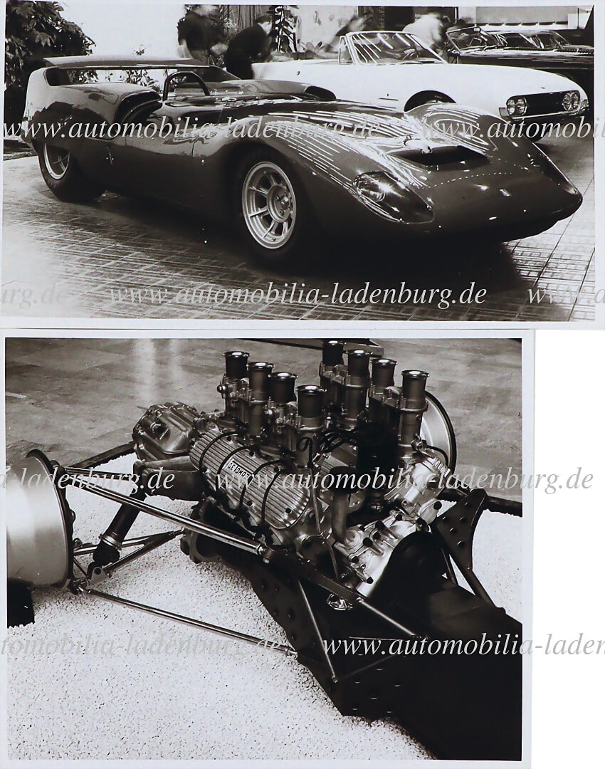 DE TOMASO Mixed lot of 2 original b/w photographs including De Tomaso Sport 5000 Spyder, on: DE TOMASO Mixed lot of 2 original b/w photographs including De Tomaso Sport 5000 Spyder, on exhibition stand, plus a photograph of De Tomaso drive unit, 10x18cm, and 13x15.5cm German Description DE TO