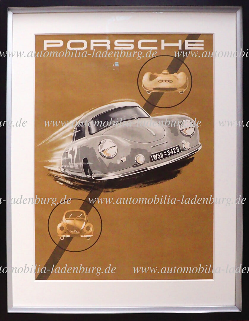 PORSCHE 1952, very rare Porsche advertising poster, exclusively with Porsche lettering without the: PORSCHE 1952, very rare Porsche advertising poster, exclusively with Porsche lettering without the usual impression "Siege in aller Welt...oder Dreifacher Porsche Sieg...", from the archive of Erich S