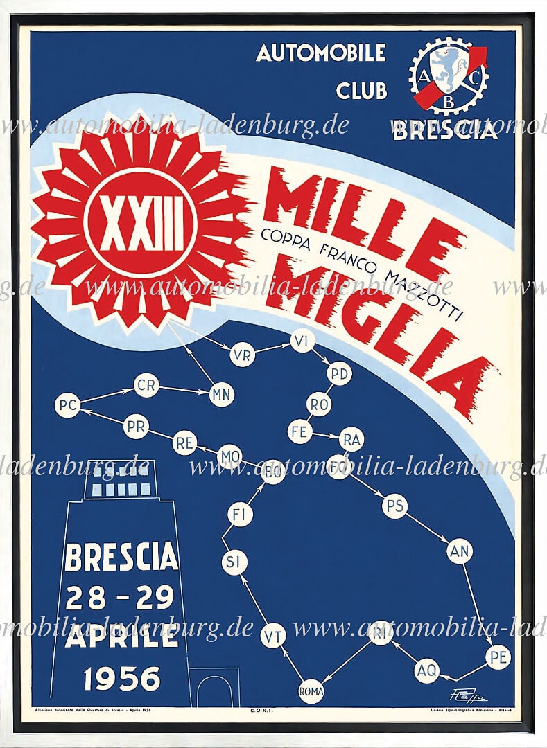 MILLE MIGLIA 1956, event poster "XXIII Mille Miglia 1956 - Coppa Franco Mazzotti", design P. Caffa, (1 of 1)