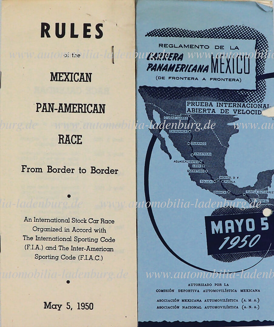 CARRERA PANAMERICANA MEXICO 1950, mixed lot of two original regulations of the first edition of this: CARRERA PANAMERICANA MEXICO 1950, mixed lot of two original regulations of the first edition of this world-famous road race, Spanish and English version, incl. track map, good condition German Descrip