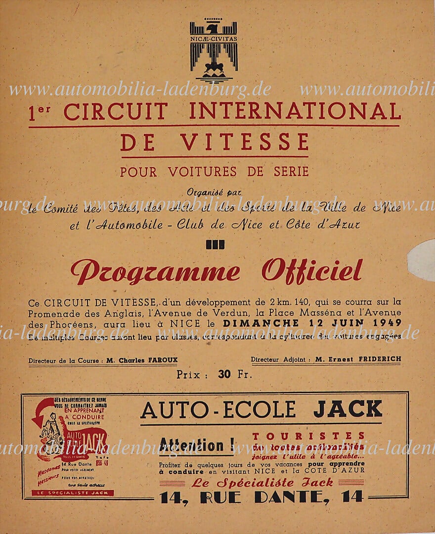GRAND PRIX AUTOMOBILE DE NICE 1949, race program with starter list "Grand Prix Nizza" (1er Circuit (1 of 1)