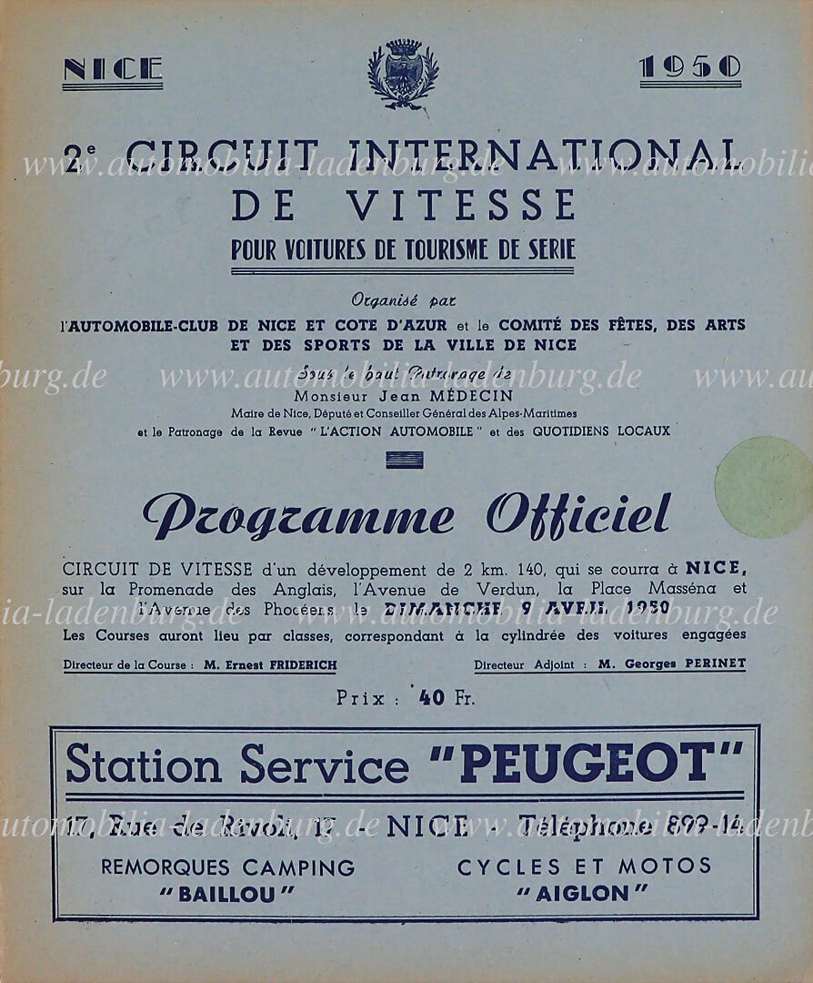 GRAND PRIX AUTOMOBILE DE NICE 1950, race program with starter list "Grand Prix Nizza", 16 pages, (1 of 1)