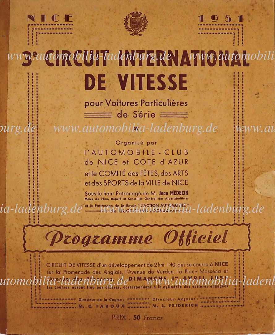 GRAND PRIX AUTOMOBILE NICE 1951, race program incl. starter list "Grand Prix Nizza", French text, 16 (1 of 1)