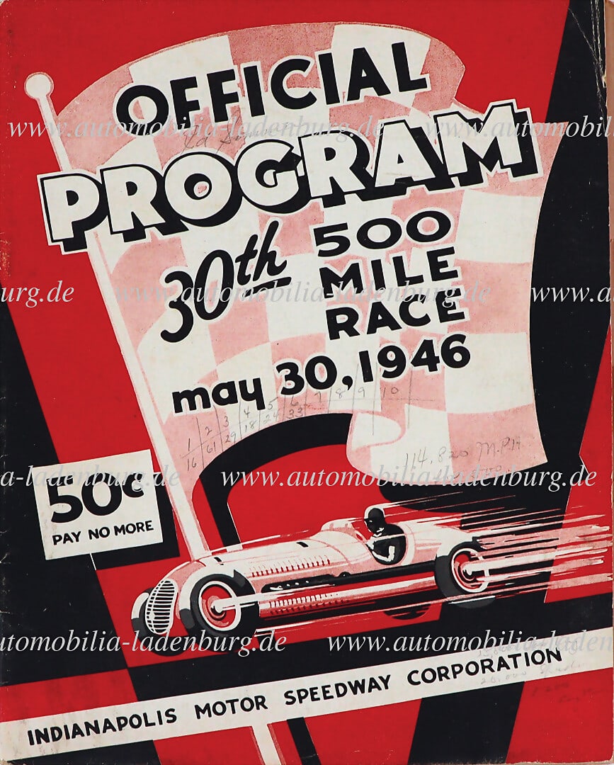 500 MILE RACE INDIANAPOLIS 1946, race program incl. starter list, "INDY 500", the starter list (1 of 1)
