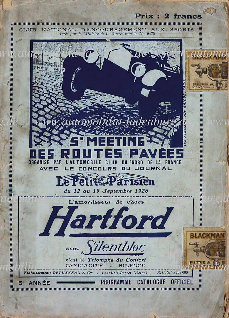 V MEETING DES ROUTES PAVÉES September 12-19, 1926, program booklet with starter and participant (1 of 1)