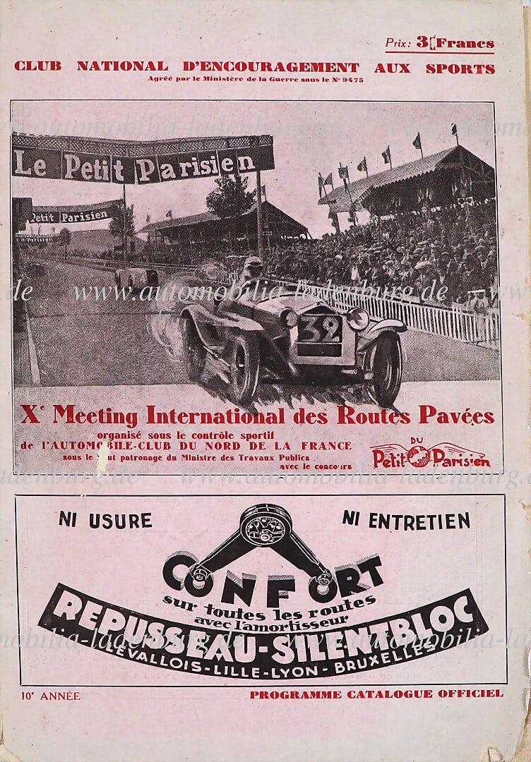 X MEETING DES ROUTES PAVÉES September 13-20, 1931, program booklet with starters and list of: X MEETING DES ROUTES PAVÉES September 13-20, 1931, program booklet with starters and list of participants of the racing events and Concours de Elegance, incl. regulations, as well as lists of win