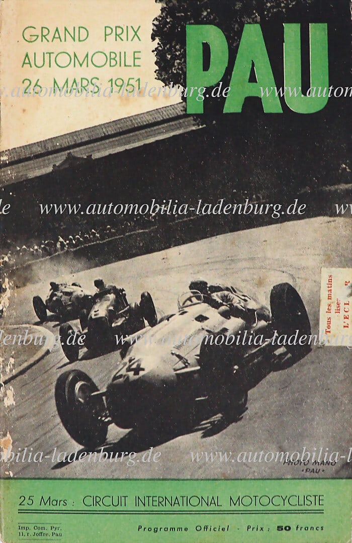 GRAND PRIX PAU 1951, race program incl. starter list, "Grand Prix Automobile Pau", winner was Luigi (1 of 1)