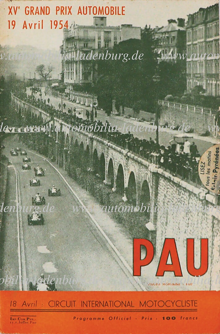 GRAND PRIX PAU 1954, race program incl. starter list "XV Grand Prix Automobile Pau", winner was Jean (1 of 1)