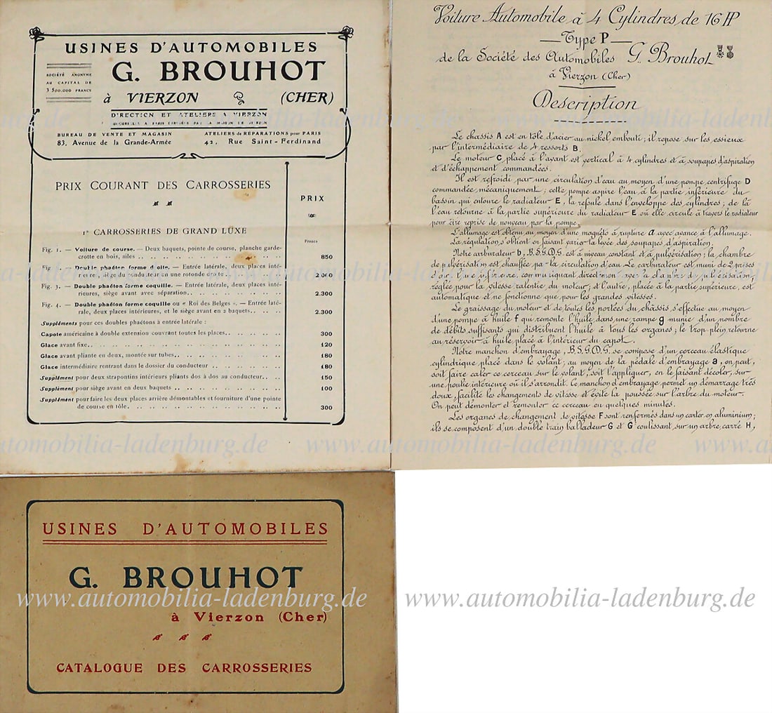 G. BROUHOT 1905, mixed lot of 3 pieces, among them sales catalog with different car body variants (1 of 1)