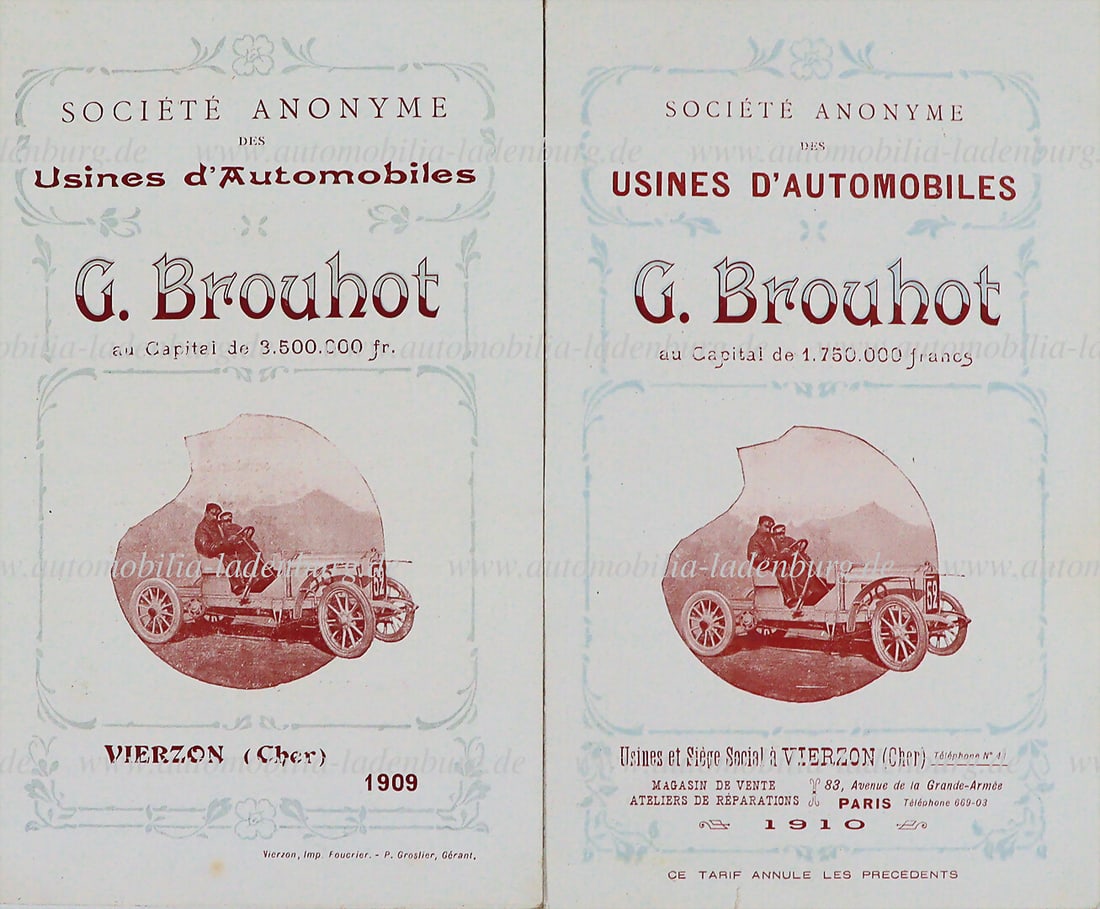 G. BROUHOT 1909/1910, mixed lot of two price lists, 4 pages each, franc. text, good condition: G. BROUHOT 1909/1910, mixed lot of two price lists, 4 pages each, franc. text, good condition German Description G. BROUHOT 1909/1910, Konvolut zwei Preislisten, je 4 Seiten, franz. Text, guter Zustan