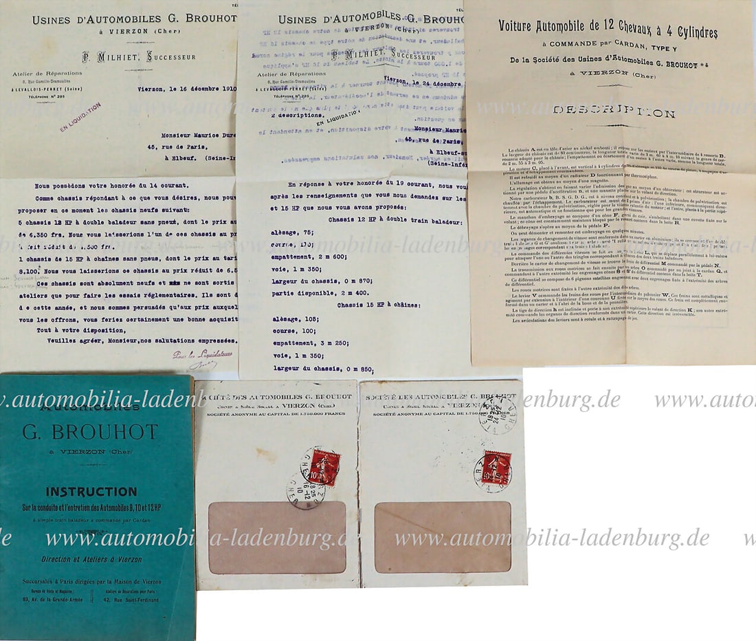 G. BROUHOT 1910, very rare original owner's manual "Instruction Automobiles G. Brouhot", for 9, 10: G. BROUHOT 1910, very rare original owner's manual "Instruction Automobiles G. Brouhot", for 9, 10 and 12HP motor cars, French text, 24 pages, very good condition, with two pages of correspondence, ni