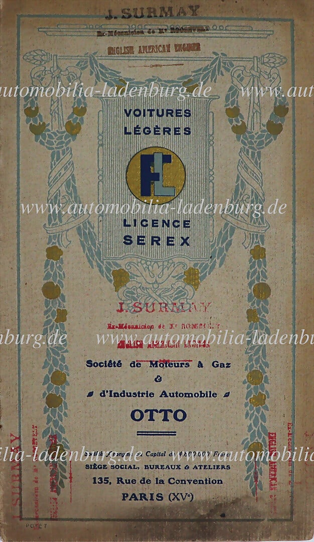 SOCIÉTE MOTEURS OTTO 1910, sales catalog "VOITURES LÉGÉRES LICENCE SEREX", 24 pages,: SOCIÉTE MOTEURS OTTO 1910, sales catalog "VOITURES LÉGÉRES LICENCE SEREX", 24 pages, French text, cover slightly soiled otherwise good condition. Text, cover slightly soiled otherwise v