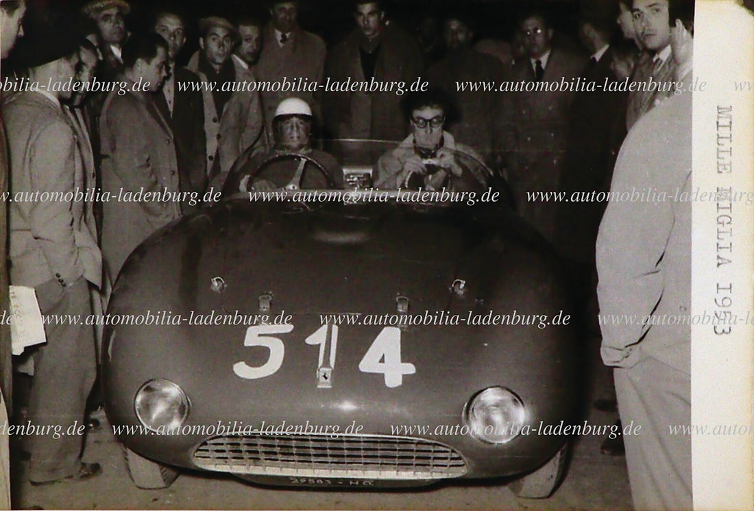 FERRARI original b/w photo, Cacciari / Mason on Ferrari 166 MM/53 Ferrari Spyder S2 (#0272M), (1 of 2)