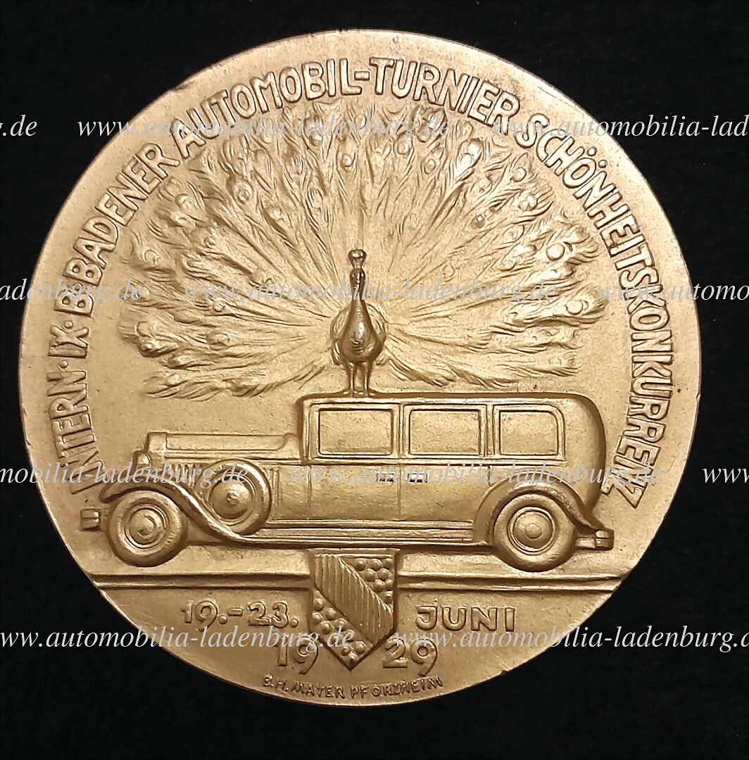 Baden-Baden 1929, winner's medal "Intern. IX. Baden-Badener Automobi-Turnier Schö: Baden-Baden 1929, winner's medal "Intern. IX. Baden-Badener Automobi-Turnier Schönheitskonkurenz 19.-23.Juni.1929", 1st prize in class 8D Limousines, Landaulets u. Coupes", winner Horch 8, diamet