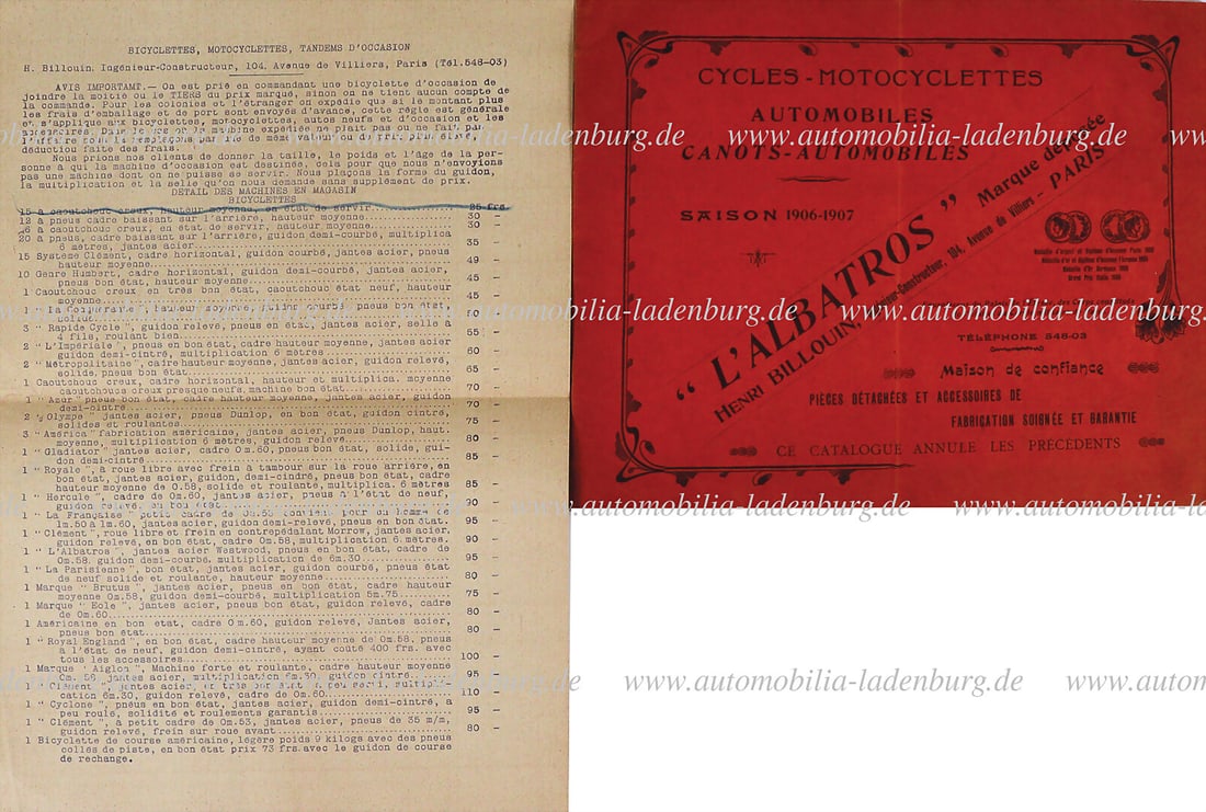 HENRI BILLOUIN PARIS Season 1906/1907, sales catalog model program "L'ALBATROS CYCLES - (1 of 1)