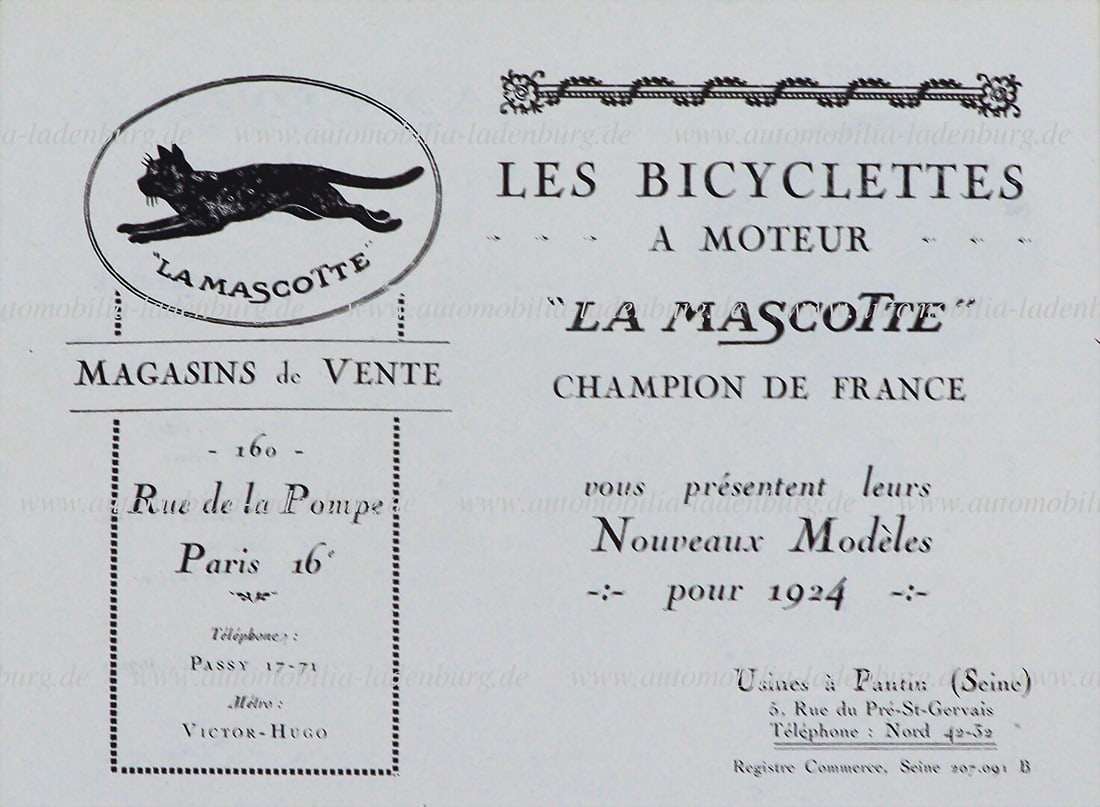 MOTEUR LA MASCOTTE 1924, very rare sales catalog "Les Bicyclettes a Moteur LA MASCOTTE", 16 pages, (1 of 1)
