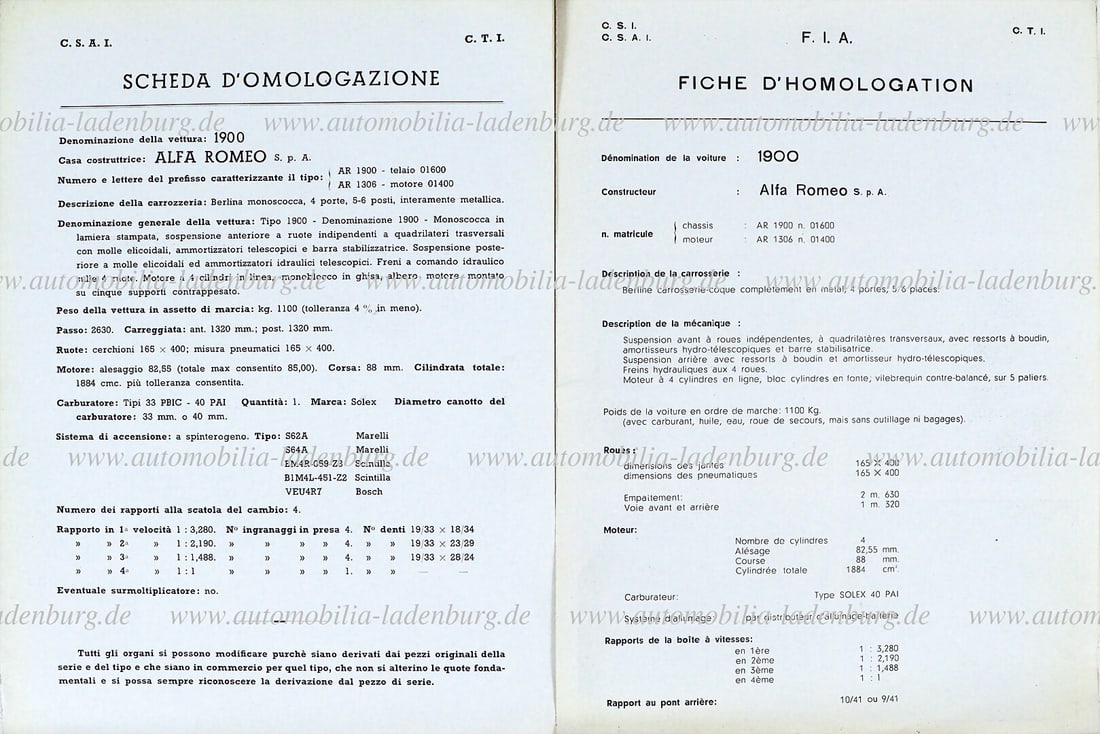 ALFA ROMEO mixed lot of two homologations, for Alfa Romeo 1900, C.S.A.I. and F.I.A., 4 pages each, (1 of 1)
