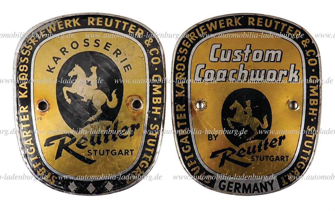 BODY SHOP REUTTER & CO Mixed lot of 2 bodywork badges, "Karosserie Reutter Stuttgart", "Custom: BODY SHOP REUTTER & CO Mixed lot of 2 bodywork badges, "Karosserie Reutter Stuttgart", "Custom Coachwork by Reutter Stuttgart", 7x5.7cm German Description KAROSSERIEWERK REUTTER & CO Konvolut 2 Kaross