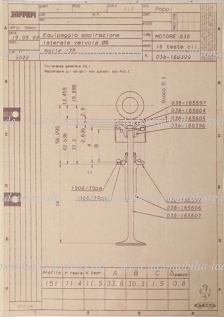 FERRARI 1992, Blueprint valve for side intake engine 038 Ferrari F92A, scale 1:1, dated 19.05.1992: FERRARI 1992, Blueprint valve for side intake engine 038 Ferrari F92A, scale 1:1, dated 19.05.1992 German Description FERRARI 1992, Blaupause Ventil für seitliche Ansaugung Motor 038 Ferrari F92A