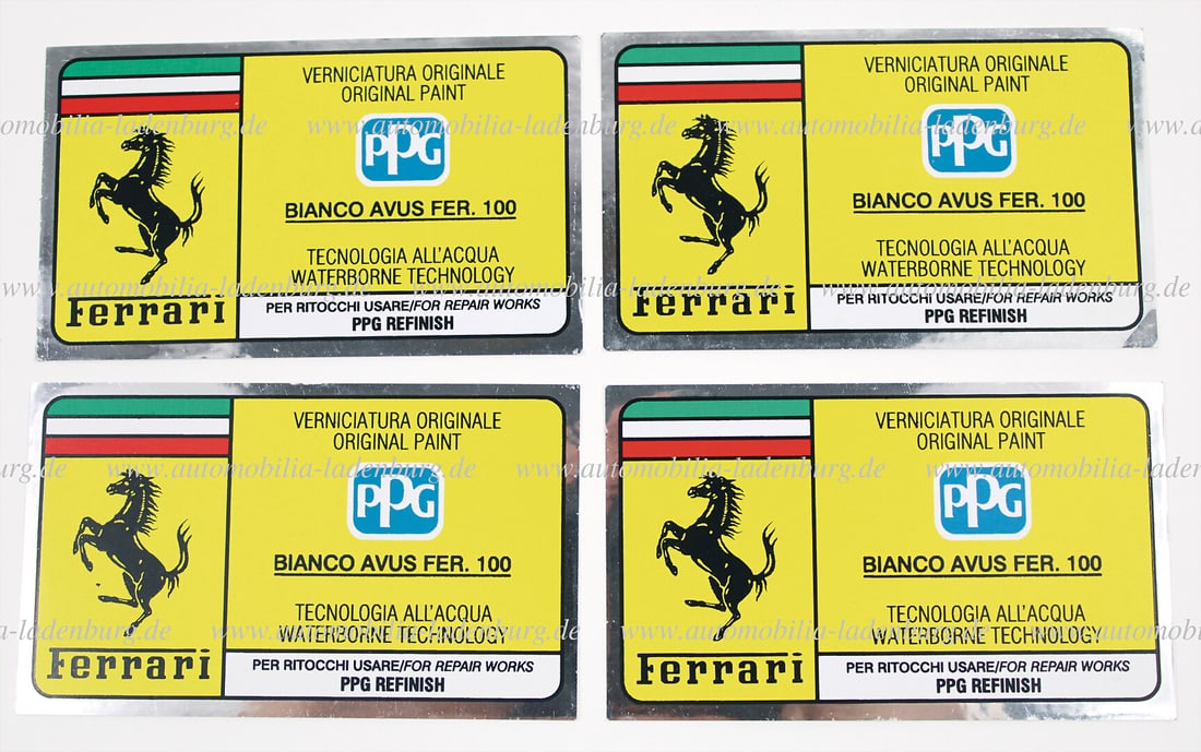 FERRARI Lot of 4 PPG vehicle stickers for paint color Bianco Avus Fer. 100 German Description (1 of 1)