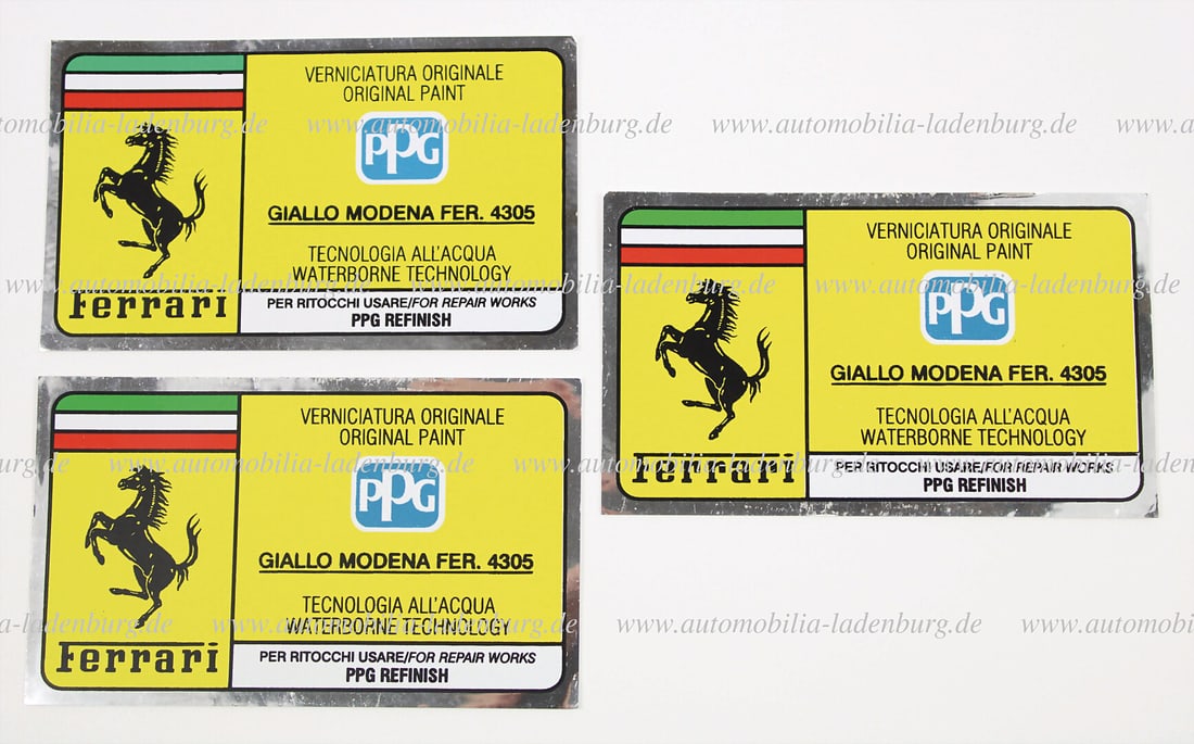 FERRARI Mixed lot of 3 PPG vehicle stickers for paint color Giallo Modena Fer. 4305 German: FERRARI Mixed lot of 3 PPG vehicle stickers for paint color Giallo Modena Fer. 4305 German Description FERRARI Konvolut 3 PPG Fahrzeugaufkleber für Lackfarbe Giallo Modena Fer. 4305