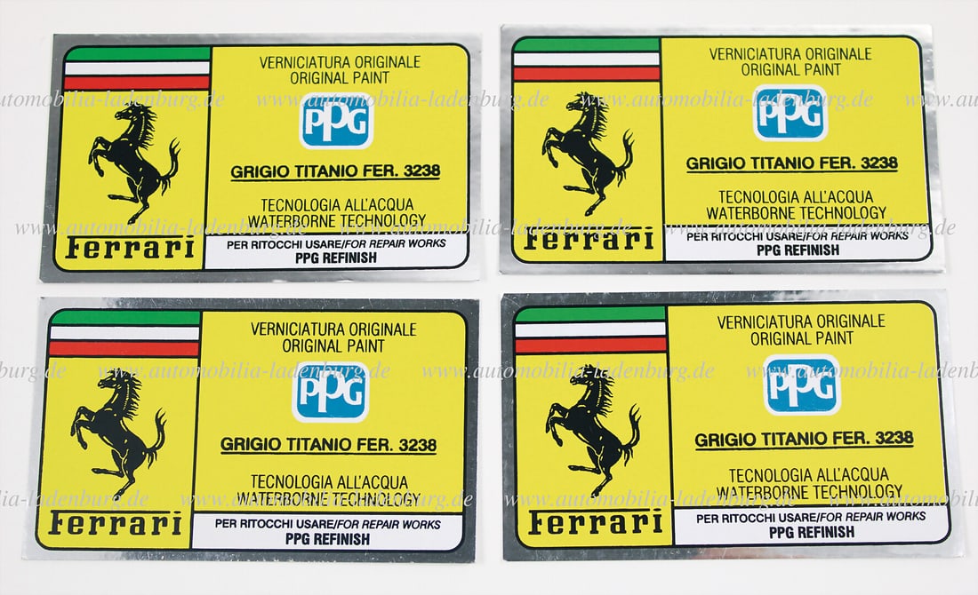 FERRARI Mixed lot of 4 PPG vehicle stickers for paint color Grigio Titanio Fer.3238 German (1 of 1)