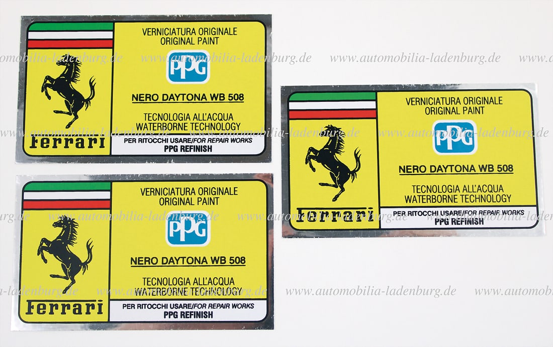FERRARI Lot of 3 PPG vehicle stickers for paint color Nero Daytona WB 508 German Description: FERRARI Lot of 3 PPG vehicle stickers for paint color Nero Daytona WB 508 German Description FERRARI Konvolut 3 PPG Fahrzeugaufkleber für Lackfarbe Nero Daytona WB 508