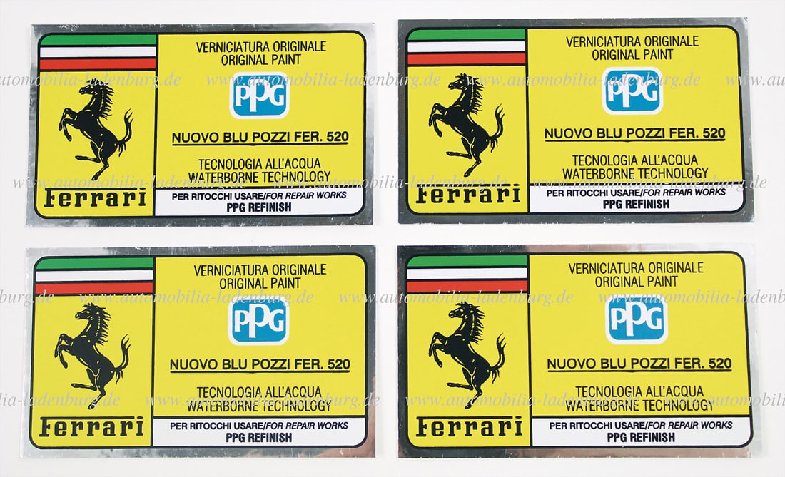 FERRARI Lot of 4 PPG vehicle stickers for paint color Nuovo Blu Pozzi Fer. 520 German Description (1 of 1)